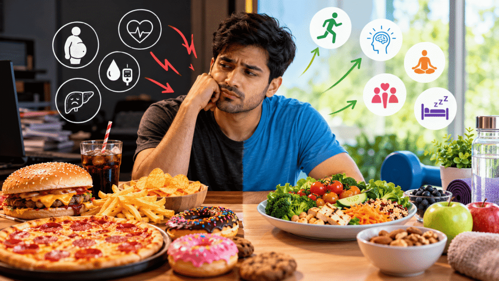 Junk food versus healthy eating and its impact on health.